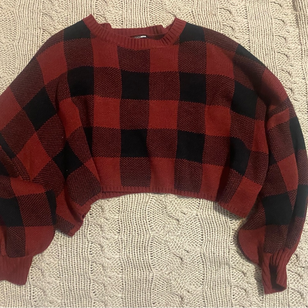 Red and Black Plaid Cropped Sweater